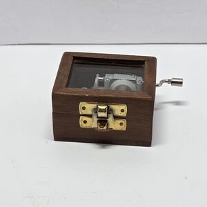 Wooden Hand Crank Music Box with Glass Lid, Metal Latch, Approx. 3x2x1.5"